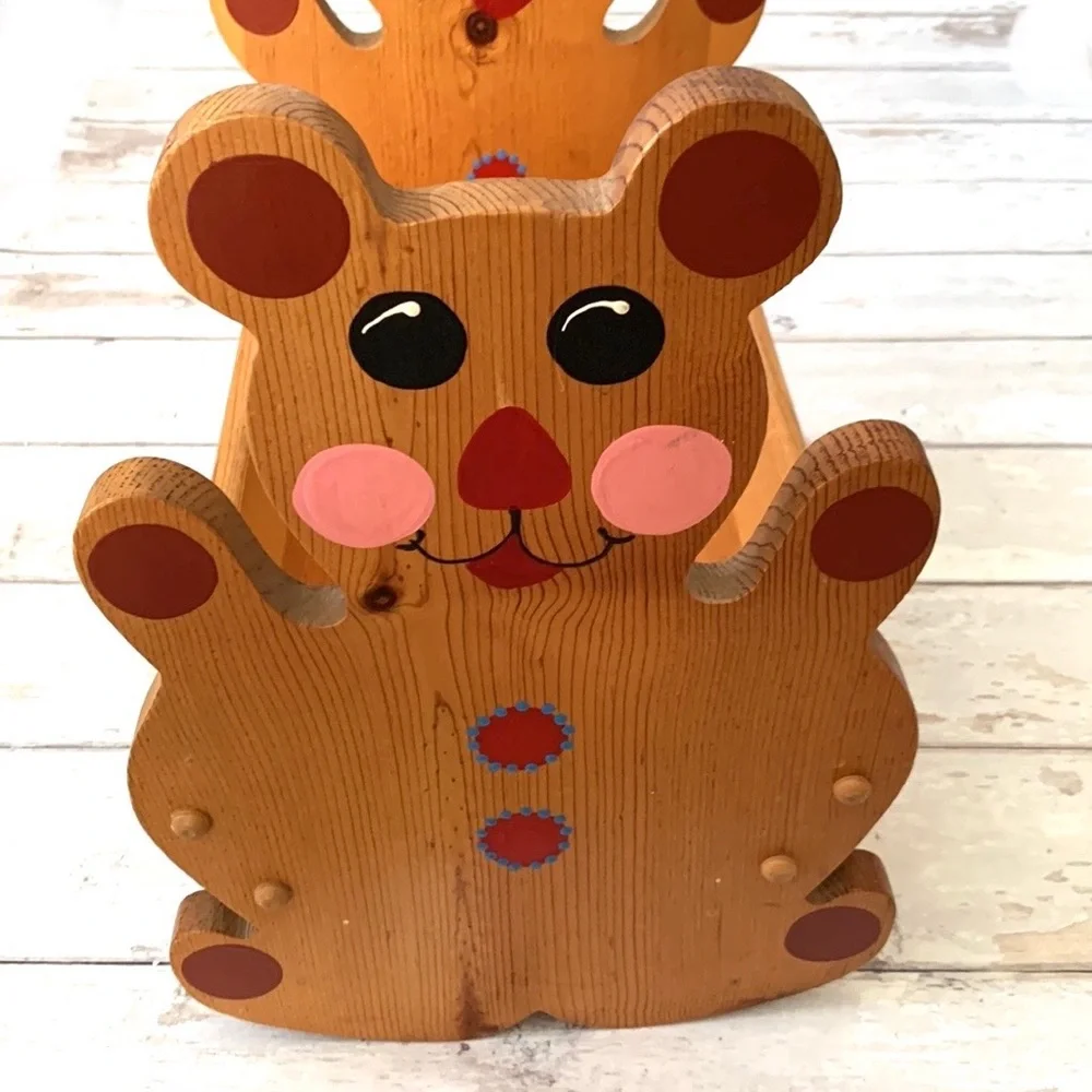 Vintage Wooden Teddy Bear Handmade Baby Doll Bed Kids Wood Toys 16in Long